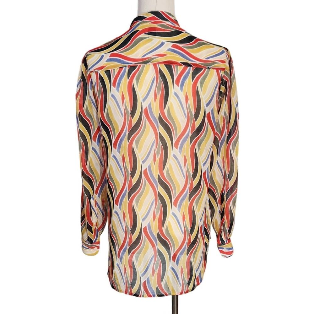 Anne Klein Retro Multicolor Geometric Sheer Longsleeve Blouse Womens Size 2 - Picture 3 of 13